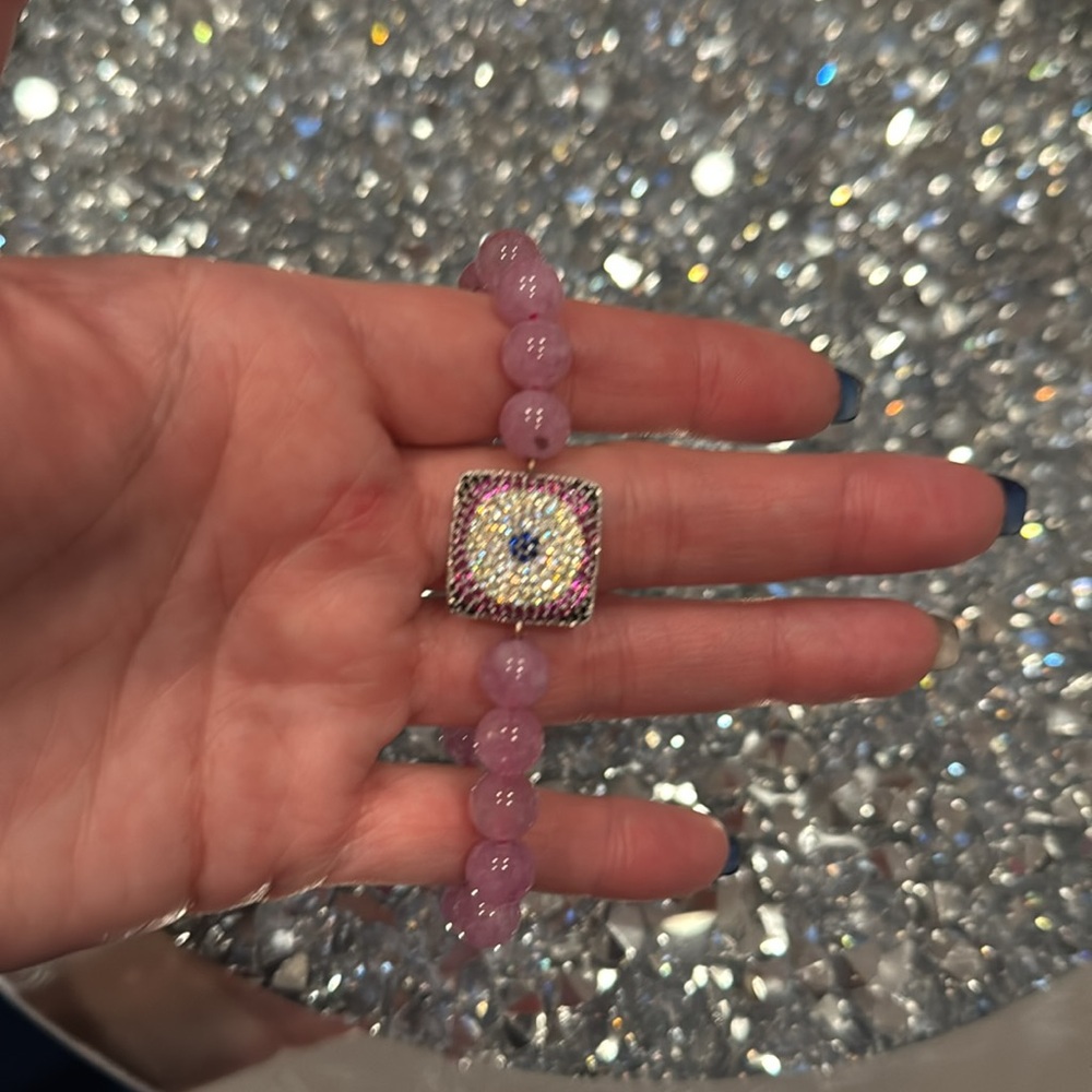 Pink  beads stretchable bracelet with evil eye charm good luck - Picture 4 of 4